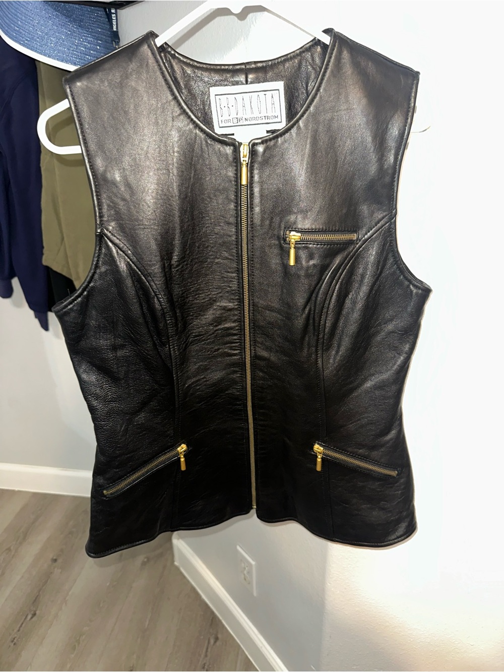 BB Dakota Black Leather Sleeveless Zip-Front Vest with Gold Hardware